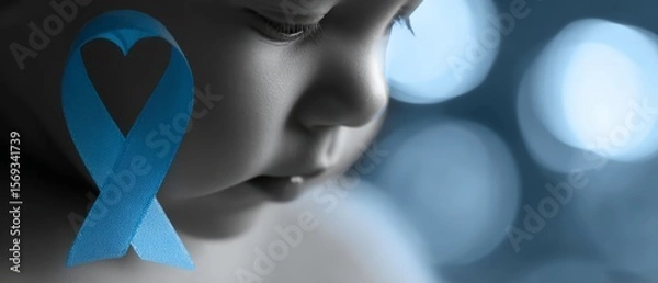 Fototapeta Sudden Infant Death Syndrome Awareness close up of blue awareness ribbon focus on copy space gentle caring tones Double exposure silhouette with baby and heart icons