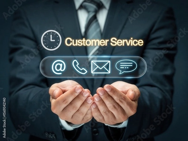 Fototapeta Businessman offering customer service contact options with digital communication icons including email, phone, chat, and support symbols.