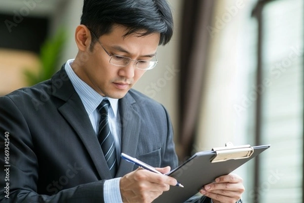 Fototapeta Asian inspector checking the structure of a new property, taking notes on a clipboard to ensure everything is ready for sale, Generative AI