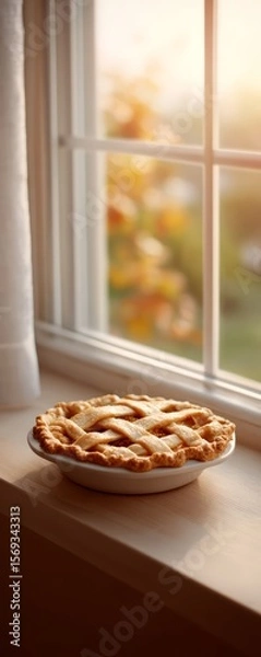 Fototapeta Homemade rhubarb pie cooling on window sill focus on copy space warm rustic hues Double exposure silhouette with lattice crust and steam