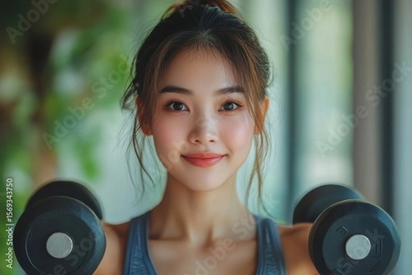 Fototapeta Wellness and healthy lifestyles. Cheerful Asian woman lifting weights and exercising at home, focused on her  care and physical health, Generative AI