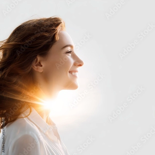 Fototapeta Positive Attitude close up of smiling person in sunlight focus on copy space bright uplifting tones Double exposure silhouette with sun rays and smile
