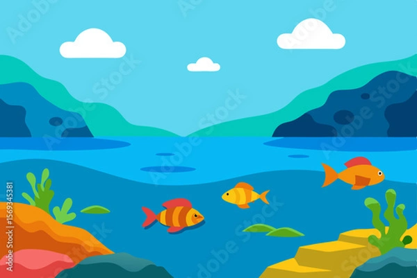 Fototapeta A vibrant vector illustration depicts a tropical island with a detailed coral reef in the clear blue ocean under a summer sky, featuring mountains and beach waves