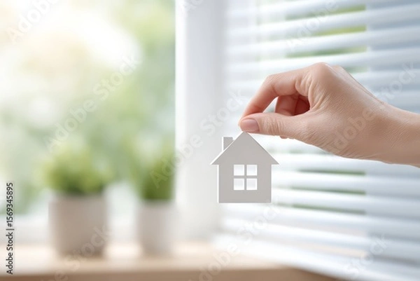 Fototapeta Parent installing cordless blinds focus on copy space calm secure hues Double exposure silhouette with home and safety symbols
