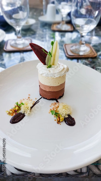 Fototapeta Elegant chocolate and vanilla mousse layered cake dessert presented with decorative accents on a white plate