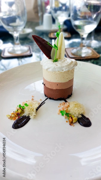 Fototapeta A sophisticated dessert featuring layered mousse with decorative garnishes on a white plate