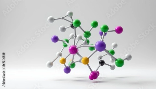 Fototapeta on a light surface is an abstract model of a molecular structure. there are connected colored spheres of varying sizes and hues; these include white, black, yellow, green, purple, and pink