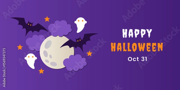 Fototapeta Happy halloween greeting with bats ghosts moon clouds and stars on purple background. Halloween invitation card