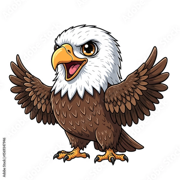 Fototapeta Cute cartoon American fish eagle spreading wings wide open in excitement - isolated white background chibi illustration