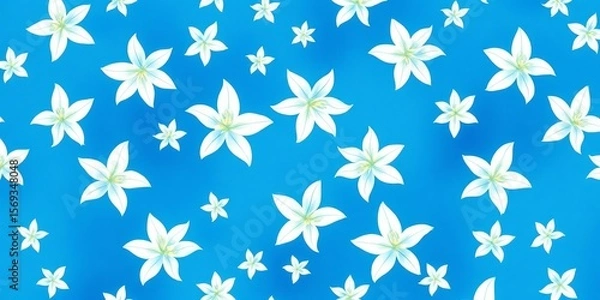 Fototapeta Soft blue watercolor background with delicate white lily pattern, seamless repeat,  summer,  minimalist