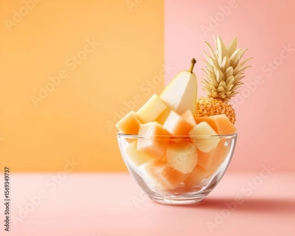 Fototapeta Fruit bowl with pear and pineapple pieces focus on copy space bright refreshing hues Double exposure silhouette with summer vibes and juice drops