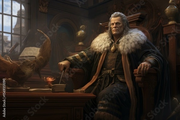 Fototapeta Medieval king holding a scepter sitting on his throne, ruling his kingdom and managing his affairs
