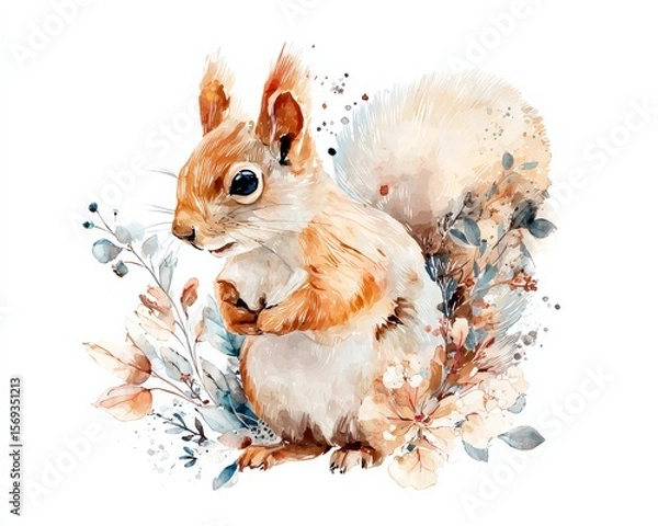 Fototapeta Squirrel watercolor of fluffy tail and bright eyes copy space soft detailed palette Double exposure silhouette with woodland elements