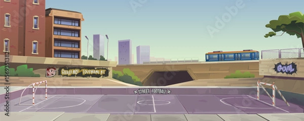 Fototapeta Football pitch for street football competitions. Suburban area, concrete arena with markings, graffiti, railway bridge with tunnel, train carriage. Game level, parallax background, vector cartoon.