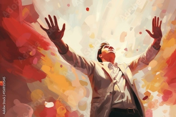 Fototapeta Businessman raising hands in success and celebrating victory with abstract colorful background