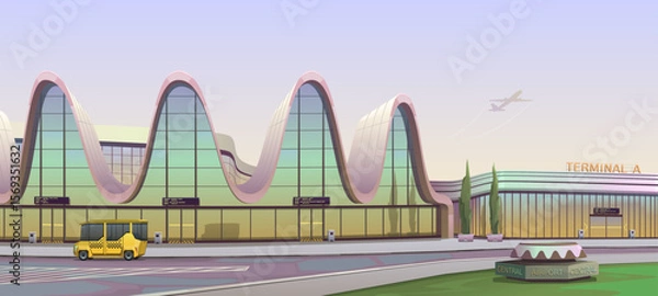 Fototapeta Airport building, modern glass and metal architecture, futuristic facade design. City infrastructure and environment, airport terminal, info display, road and sidewalk with parked taxi. Vector cartoon