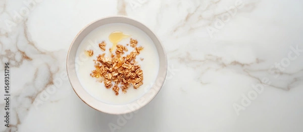 Fototapeta Bowl of yogurt with granola and honey on marble background. Top view