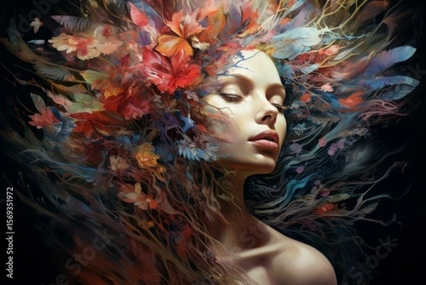 Fototapeta Fantasy portrait of a beautiful woman with colorful autumn leaves and flowers in her hair, creating a surreal and dreamy atmosphere