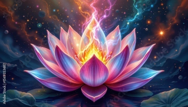 Fototapeta create an illustration of a lotus flower with nebula infused petals that bridge the gap between nature and the cosmos.