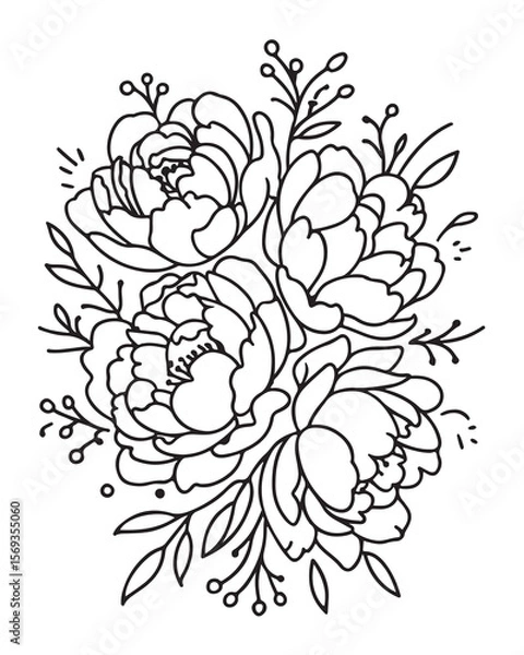Fototapeta Elegant hand drawn floral illustration of peonies and sprigs perfect for design projects