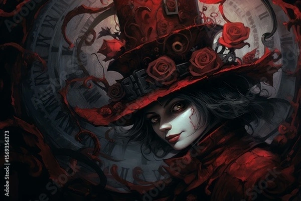 Fototapeta Fantasy portrait of a mysterious woman wearing a large red hat decorated with roses, with a clock and vines in the background