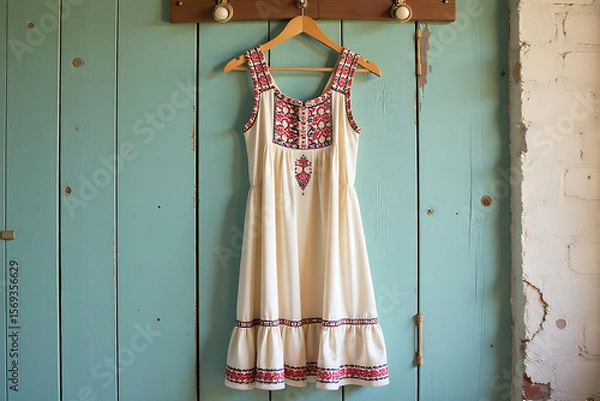 Fototapeta Old-Fashioned Dress with Red Edging on Blue Textured Background

