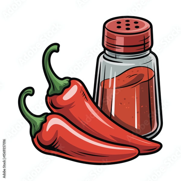 Fototapeta Two Red Chili Peppers and a Spice Shaker