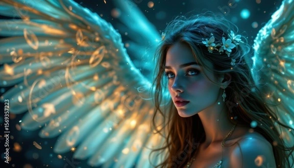 Obraz create a captivating portrait of a beautiful angel woman in a magical fantasy setting, she is positioned on an abstract galaxy background, glowing with energy lights and particles
