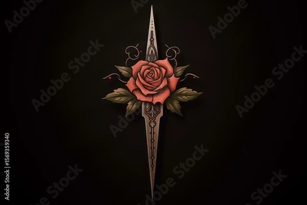 Fototapeta Illustration of a red rose blooming on a stylized dagger, creating a symbolic and artistic representation