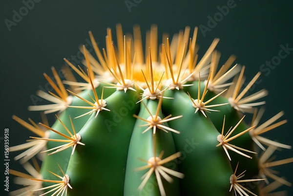 Fototapeta Close-Up of Cactus with Yellow Thorns and Black Backdrop


