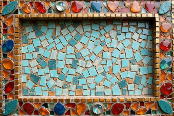Fototapeta Artistic Mosaic Design Featuring Blue Tiles and Colorful Frame


