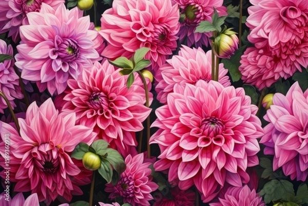 Fototapeta Beautiful pink dahlia flowers blooming in a lush garden, creating a vibrant and colorful display