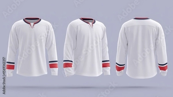 Fototapeta White hockey jersey mockup with red and blue accents, front, side, back views on light blue background

