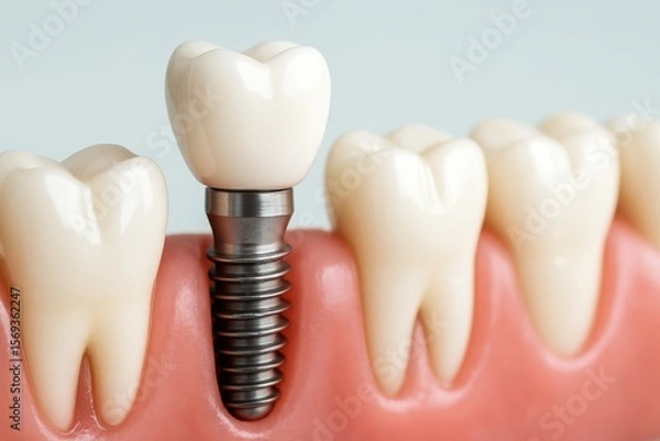 Fototapeta Innovative Dental Implant Close-Up Showcases Advanced Prosthodontics Restoring Confidence and Smile Aesthetics, highlighting the precision technology for oral health.