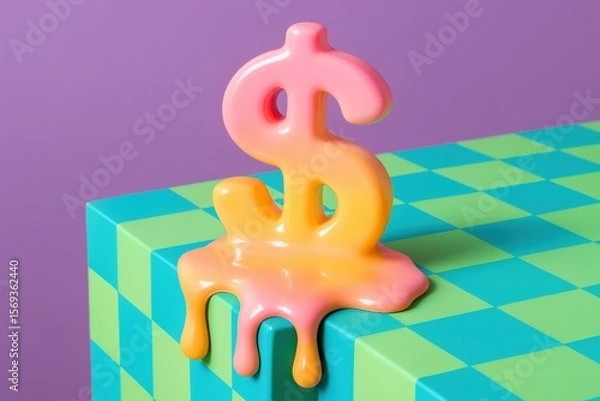 Fototapeta Melting Dollar, a symbol representing financial challenges or market volatility, drips colorfully upon a checkerboard platform against a pastel purple backdrop.