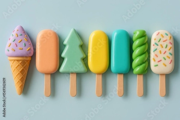 Fototapeta Pastel Popsicle Collection Displays a playful assortment of colorful ice cream treats, offering a delightful summer refreshment and a sweet, childlike joy.