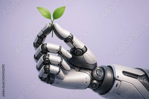 Fototapeta Robotic Hand Nurturing Seedling Demonstrates Harmony Between Technology and Nature, Symbolizing Growth and Sustainable Innovation against a serene backdrop.