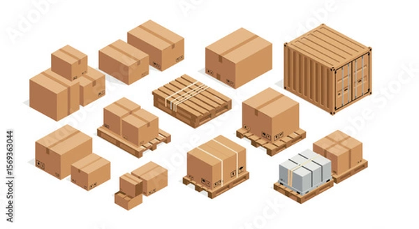 Fototapeta Isometric delivery boxes and shipping containers vector illustration for logistics and transportation design