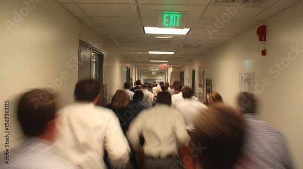 Fototapeta A crowd of business people hurriedly rush down a narrow office hallway towards an exit sign.