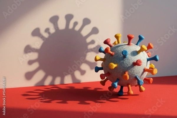 Fototapeta Vivid coronavirus shadow creeps across the red surface, a colorful yet haunting reminder of global pandemic influence during a time of uncertainty.