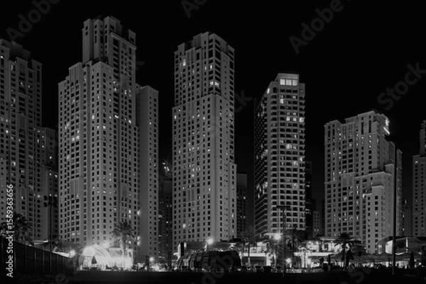 Obraz fragment of Dubai Marina architecture in black and white photo