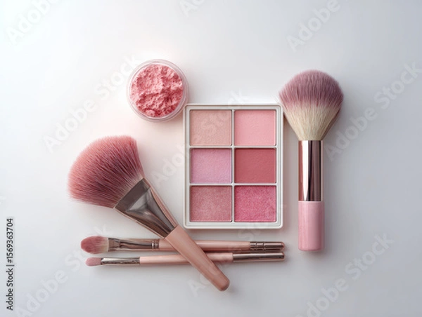 Obraz Beautifully composed shot of blush palettes, makeup brushes, and powder container, showcasing soft pink tones and elegant design, perfect for beauty enthusiasts