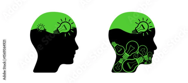 Fototapeta Human head brain set with lightbulb, creative business and mental health illustration. Man, woman head vector graphic to use for business, brainstorm, psychology, idea, learning, innovation projects.