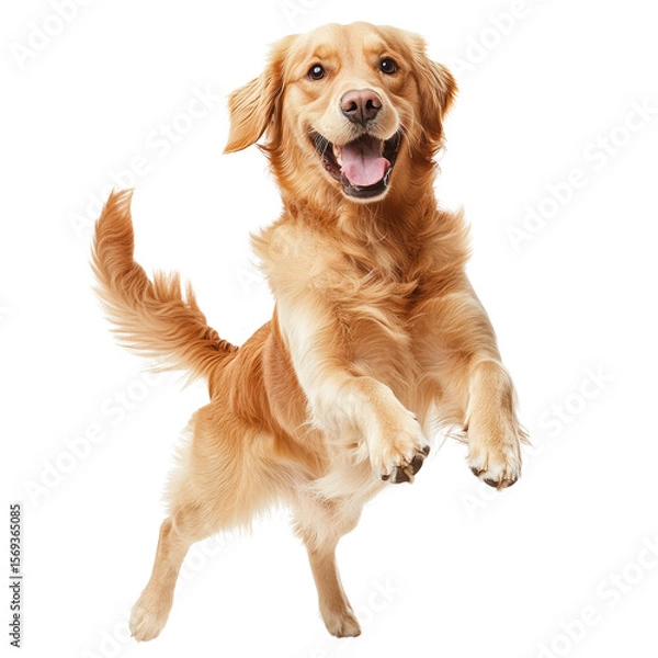 Fototapeta Golden Retriever Joy: A spirited golden retriever leaps mid-air, exuding boundless happiness and joy in a moment of pure, unadulterated canine delight. 