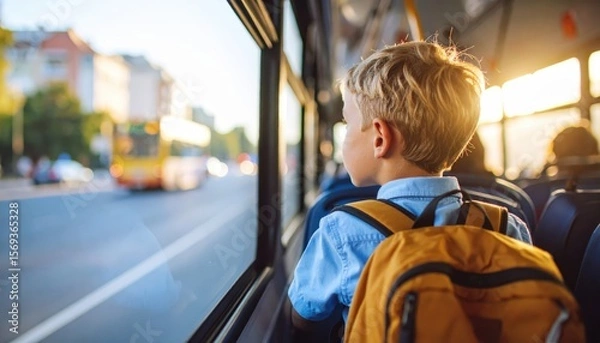 Fototapeta School bus journey: A young boy, his backpack ready, gazes out the window of a school bus. This photo encapsulates a moment of childhood curiosity, education, and the daily commute.