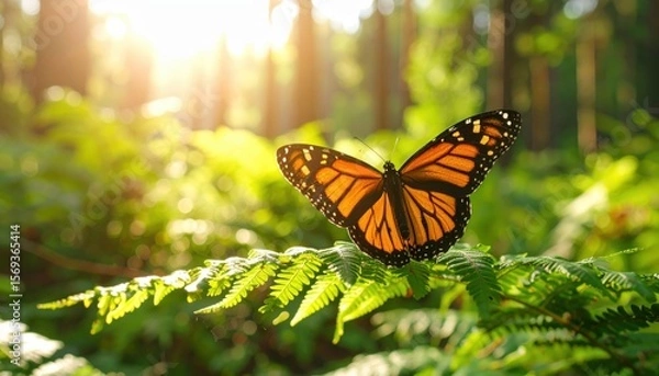Fototapeta Monarch Butterfly in the Sunshine: A vibrant monarch butterfly, showcasing intricate patterns, rests gracefully upon lush green foliage in a sun-drenched forest.