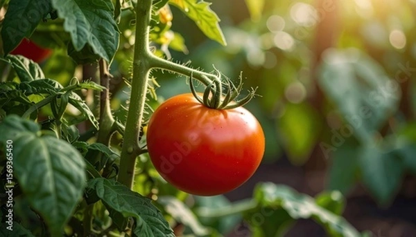 Fototapeta Tomato on Vine: A vibrant, ripe tomato glistens on the vine, nestled among lush green leaves, illuminated by warm sunlight in a picturesque garden setting.