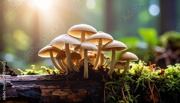 Fototapeta Forest Floor Mushrooms: A close-up shot reveals a cluster of delicate mushrooms sprouting from a moss-covered log, with sunlight filtering through the surrounding forest.