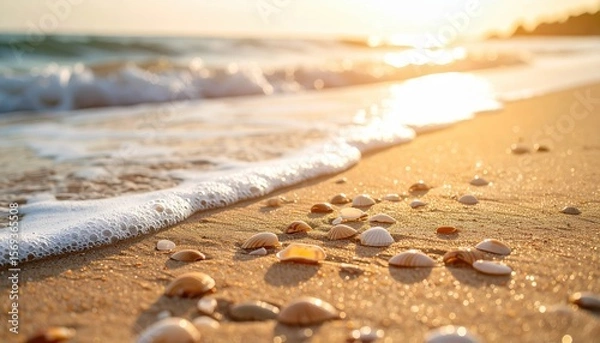 Fototapeta Seashells on Golden Sand: Sun-kissed shells glisten on the shore as gentle waves caress the pristine sand, creating a sense of serenity and the endless allure of the coast.