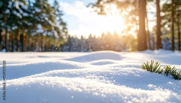 Fototapeta Winter Wonderland: A tranquil winter landscape unfolds, where pristine white snow blankets the earth and sun lights creates a magical setting.